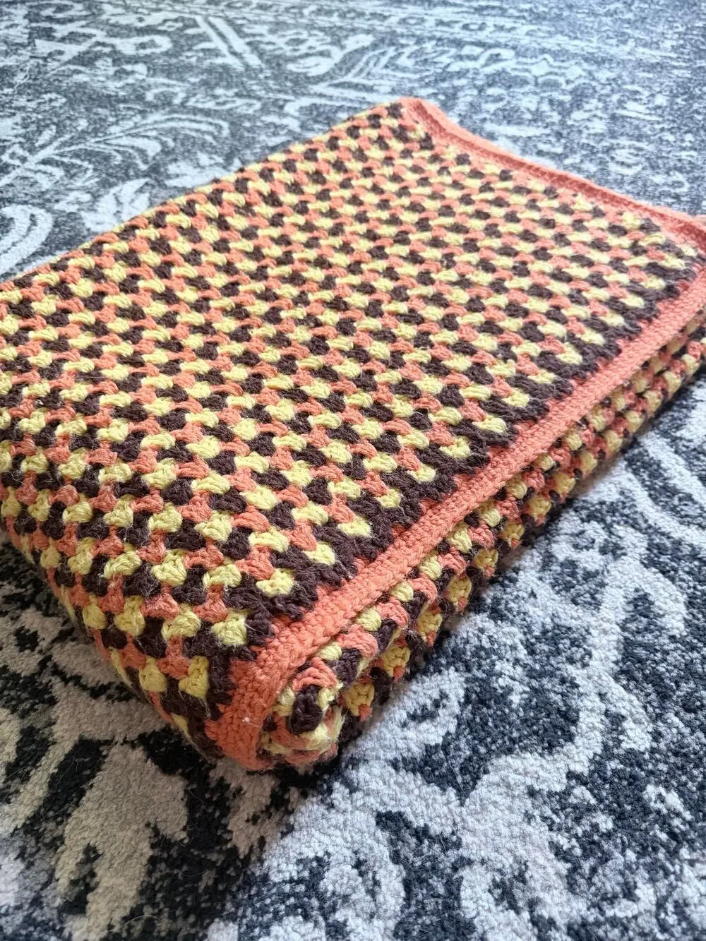 Vintage Handmade Granny Stitch Brown Orange Yellow Crochet Blanket 62x45